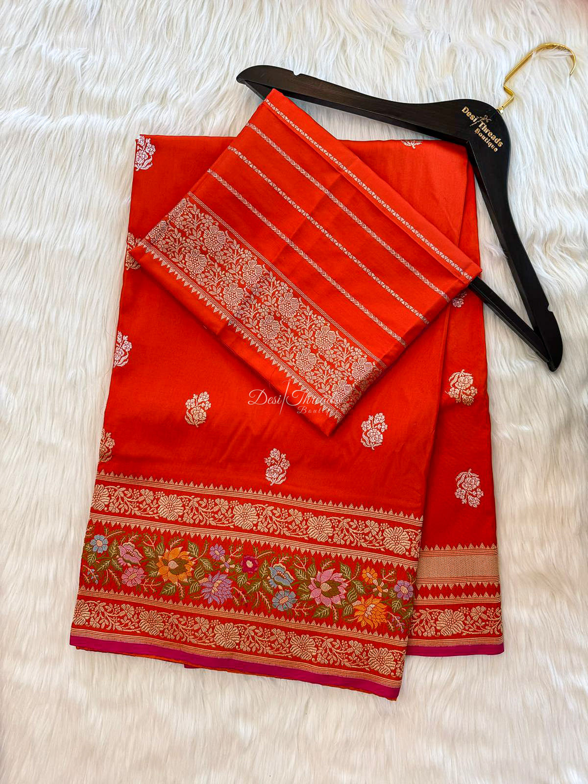 Orange Banarasi Silk Saree with Zari Buttis and Meenakari Floral Border