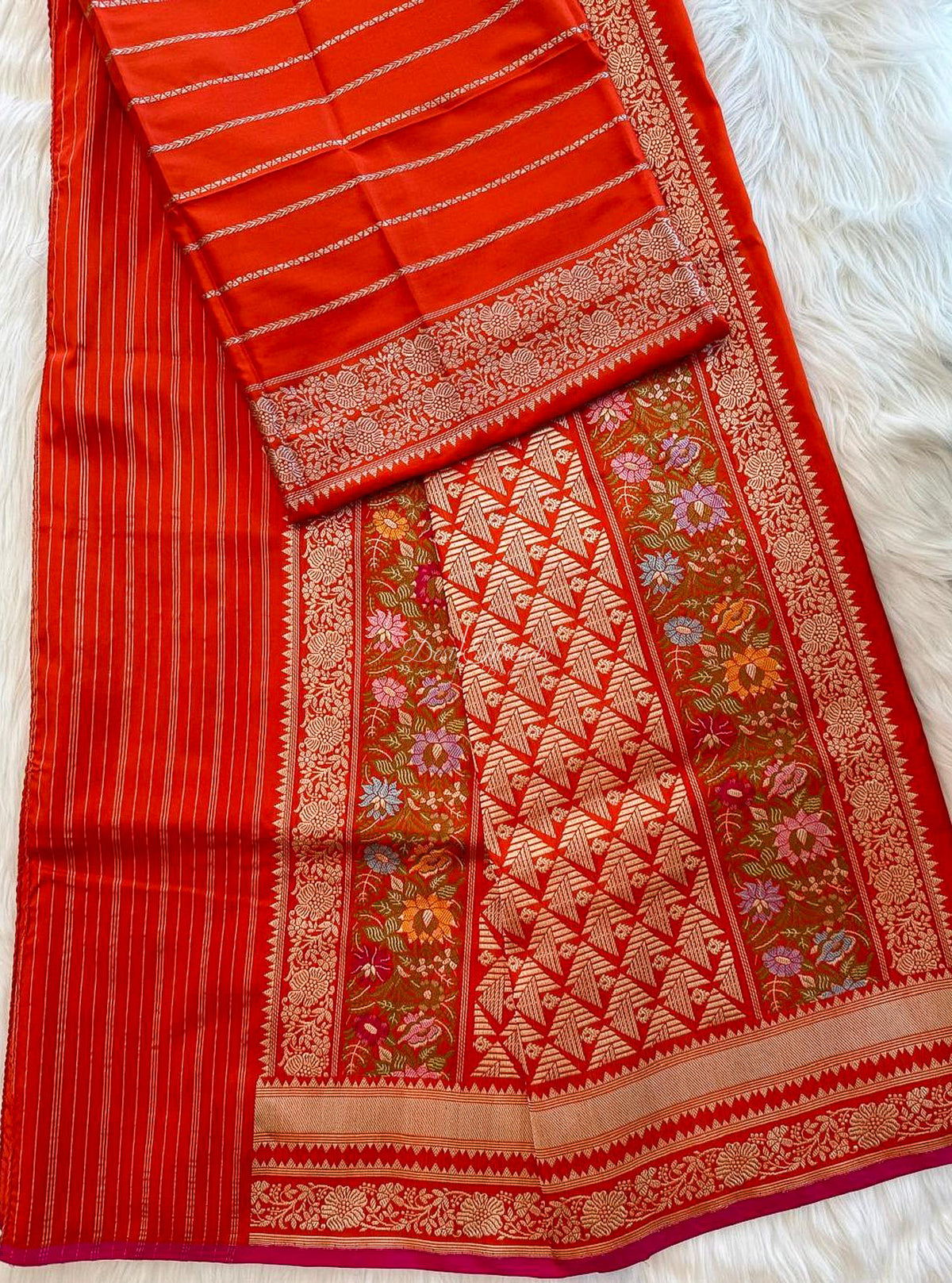 Orange Banarasi Silk Saree with Zari Buttis and Meenakari Floral Border