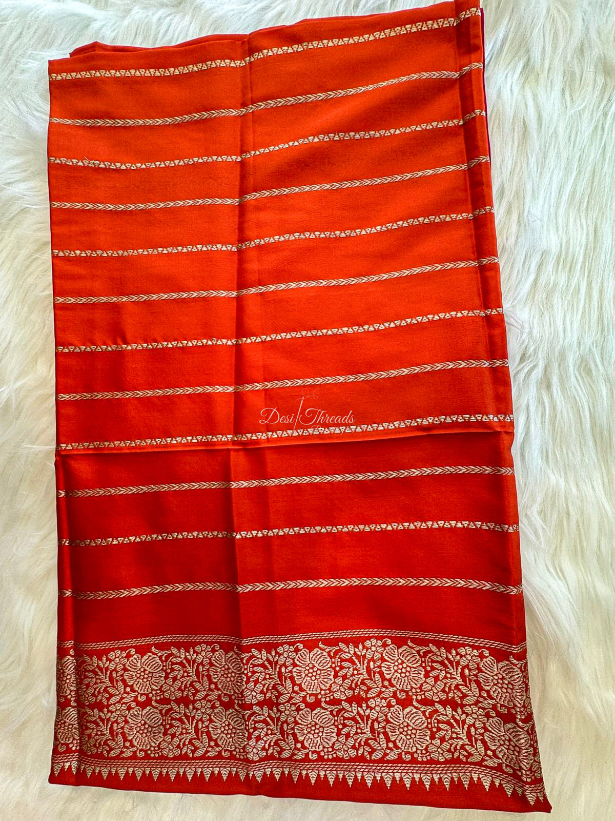 Orange Banarasi Silk Saree with Zari Buttis and Meenakari Floral Border