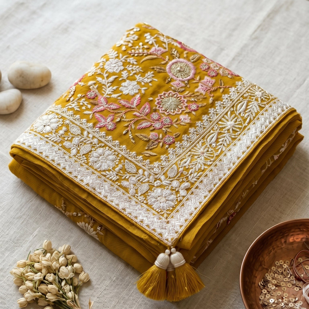 Handcrafted Chikankari Premium Georgette Saree with Multicolored Floral Embroidery & Pallu Tassels