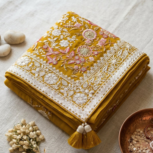Handcrafted Chikankari Premium Georgette Saree with Multicolored Floral Embroidery & Pallu Tassels