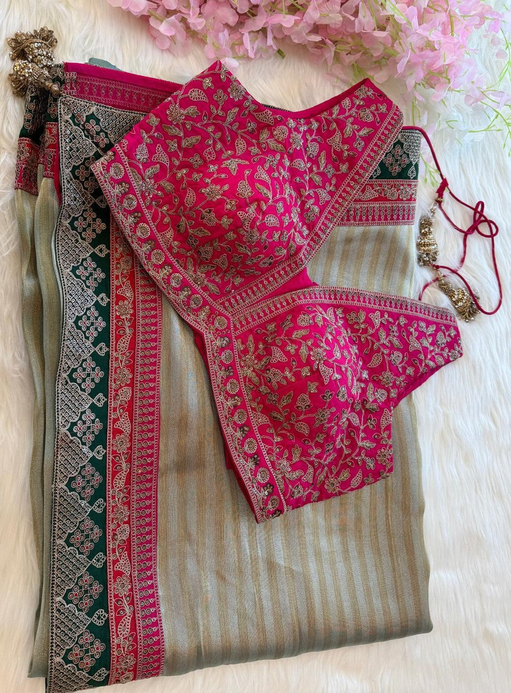 Sage Striped Designer Saree with Embroidered Border & Pink Ready Blouse