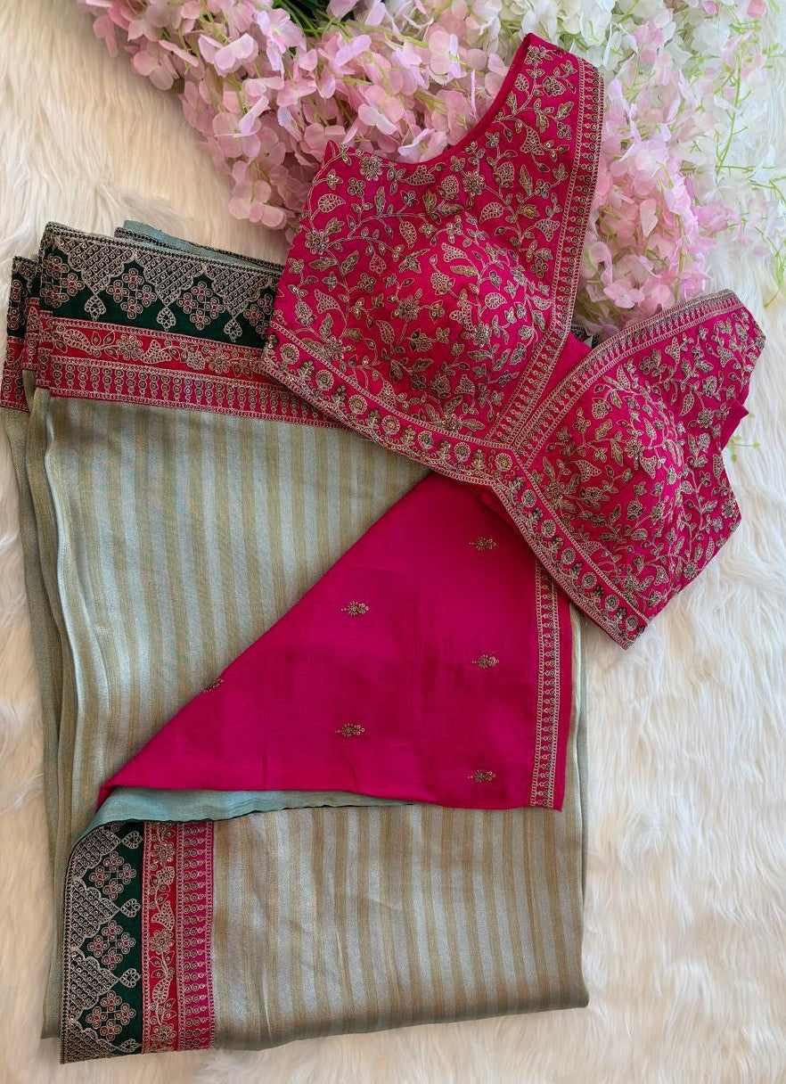 Sage Striped Designer Saree with Embroidered Border & Pink Ready Blouse