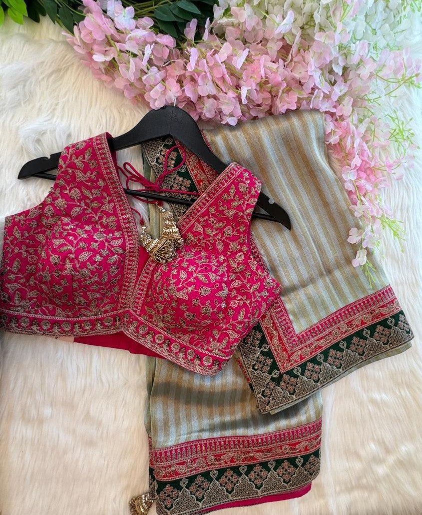 Sage Striped Designer Saree with Embroidered Border & Pink Ready Blouse
