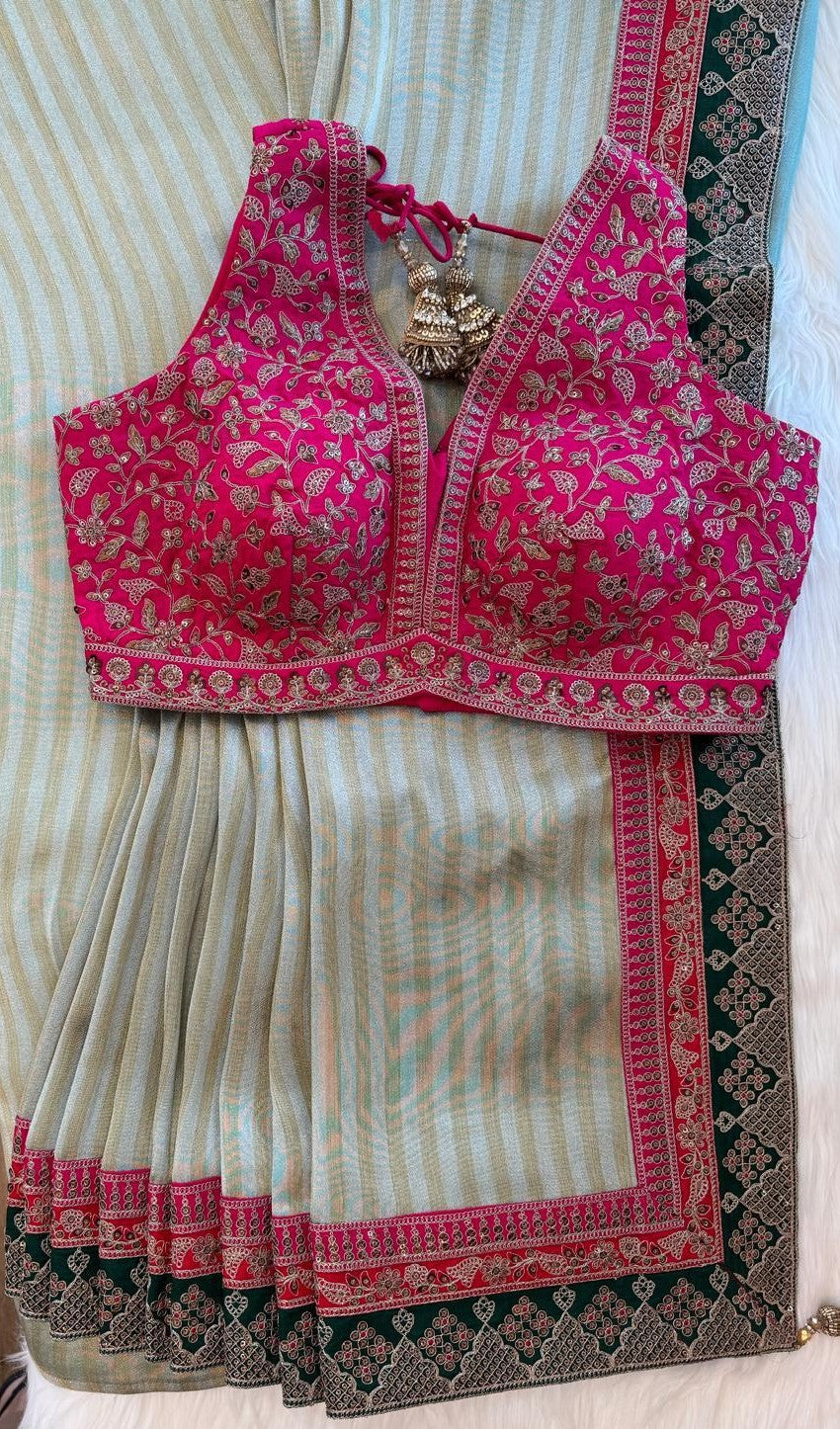 Sage Striped Designer Saree with Embroidered Border & Pink Ready Blouse