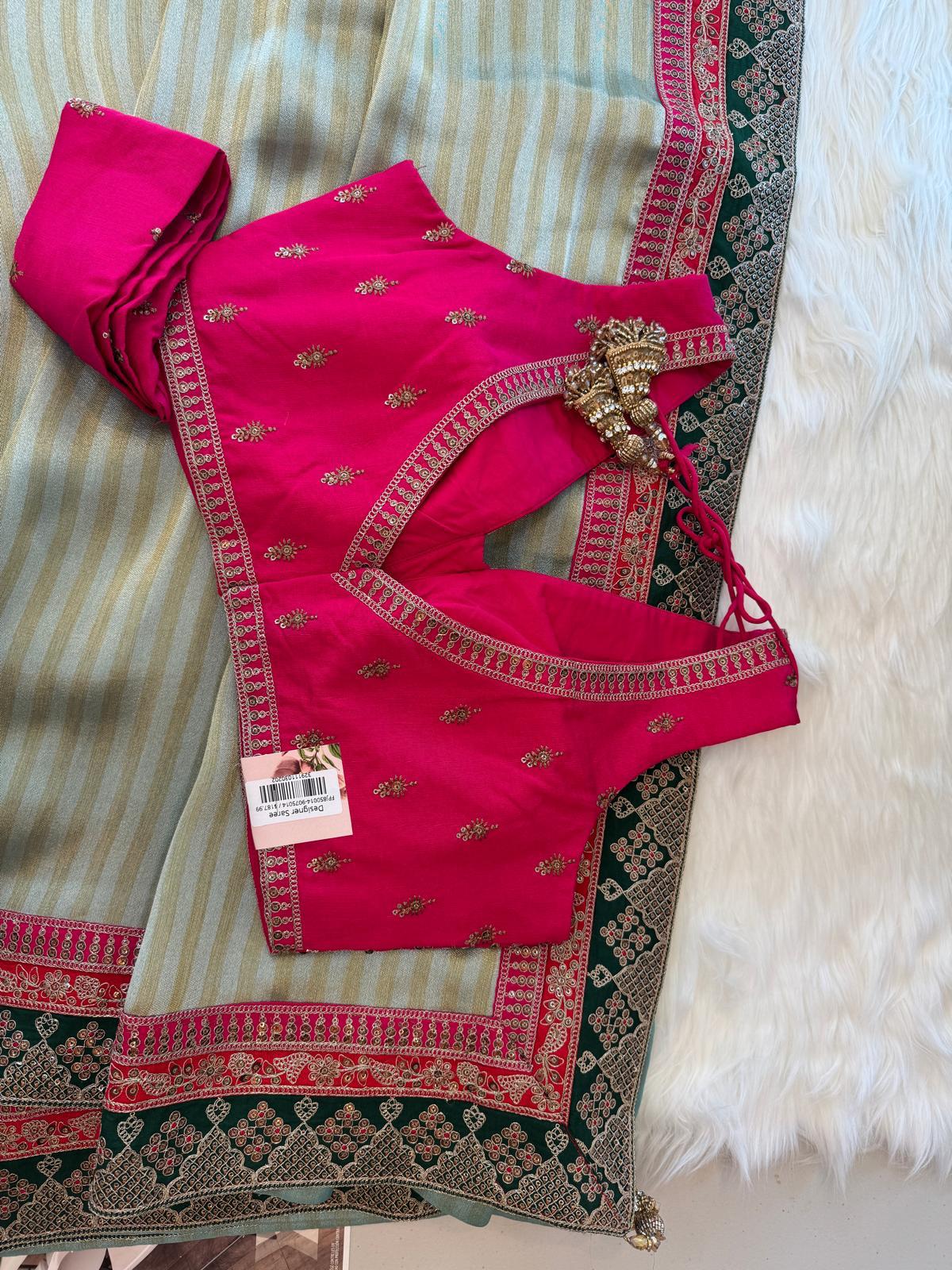 Sage Striped Designer Saree with Embroidered Border & Pink Ready Blouse