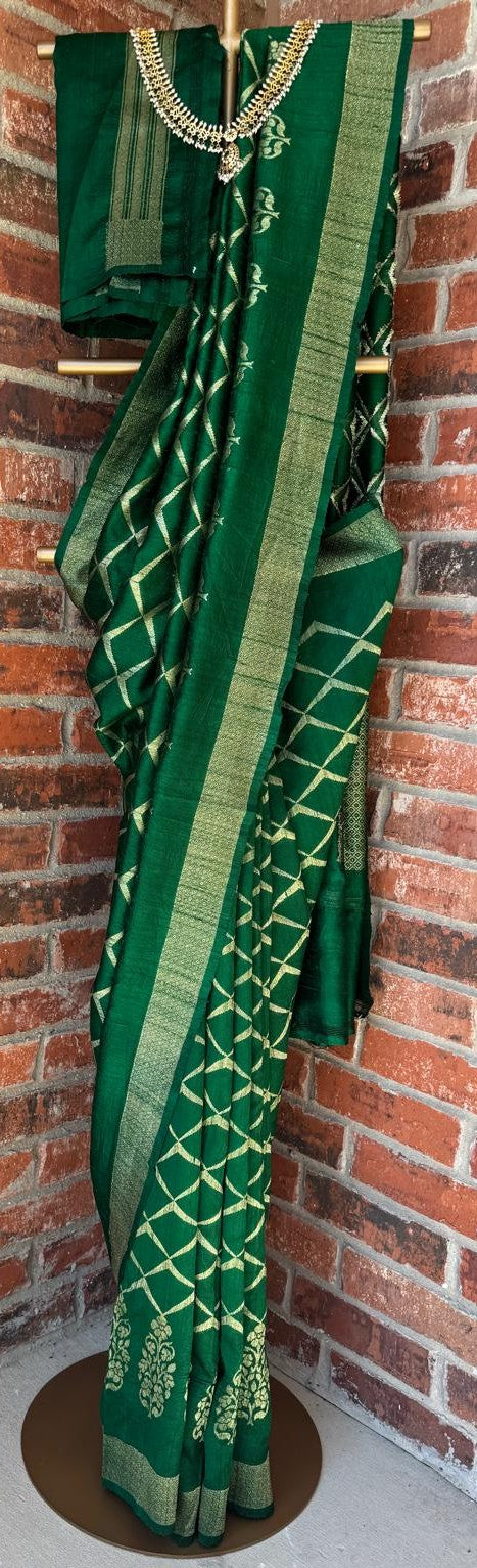 Green Pure Raw Silk Saree with Zari Lattice and Buta Border