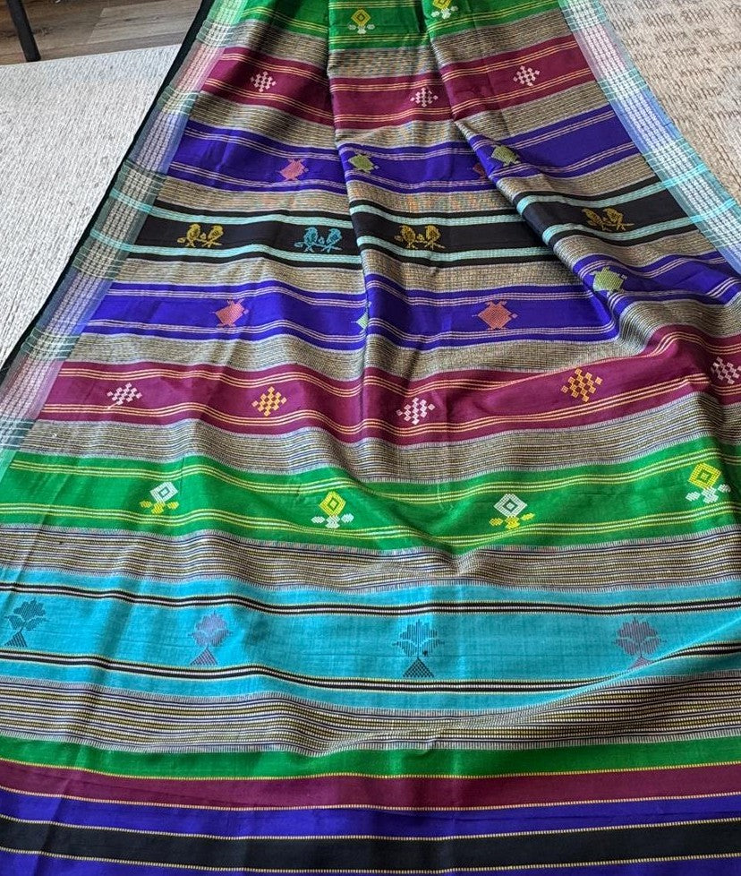Black Pure Berhampuri Silk Saree with Turquoise Temple Border