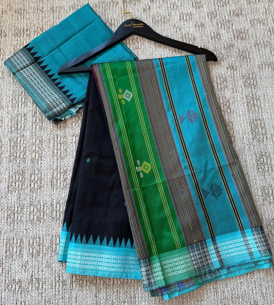 Black Pure Berhampuri Silk Saree with Turquoise Temple Border