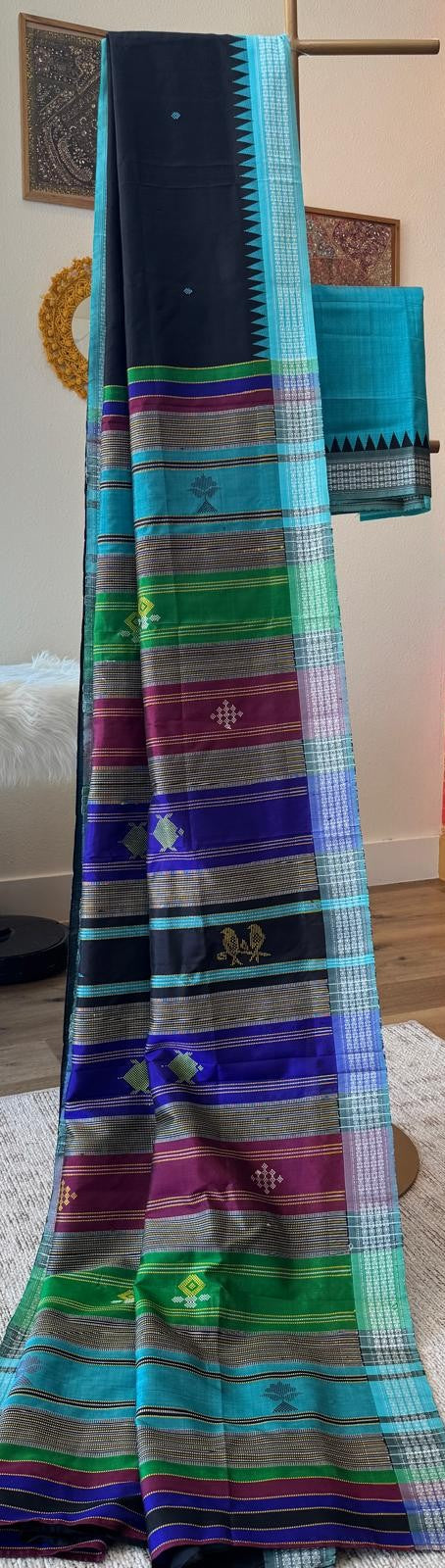 Black Pure Berhampuri Silk Saree with Turquoise Temple Border