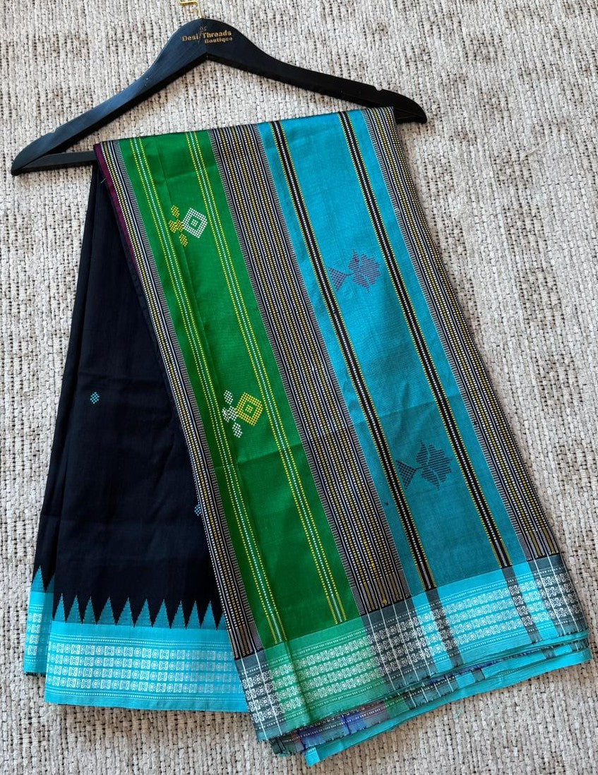 Black Pure Berhampuri Silk Saree with Turquoise Temple Border