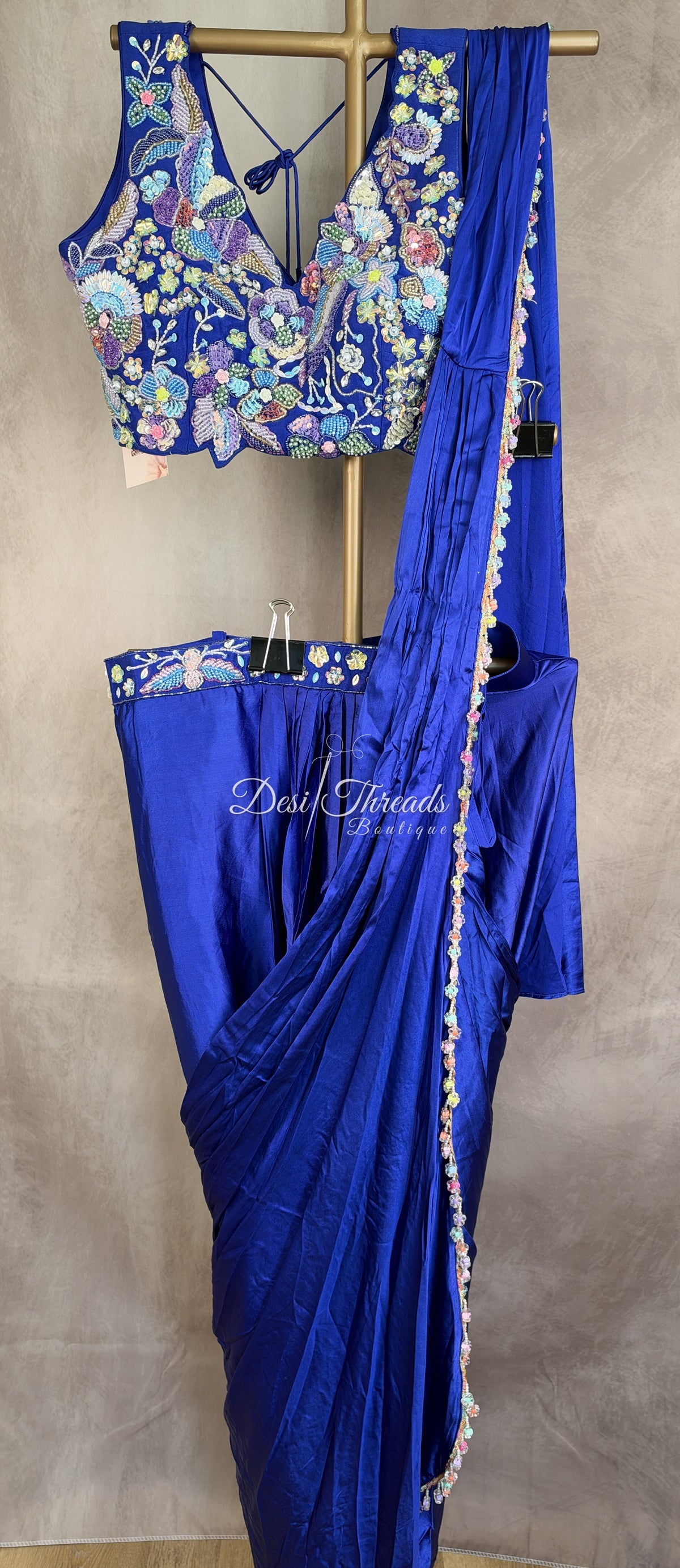 Royal Blue Pre-Draped Saree with Pastel Embellished Blouse