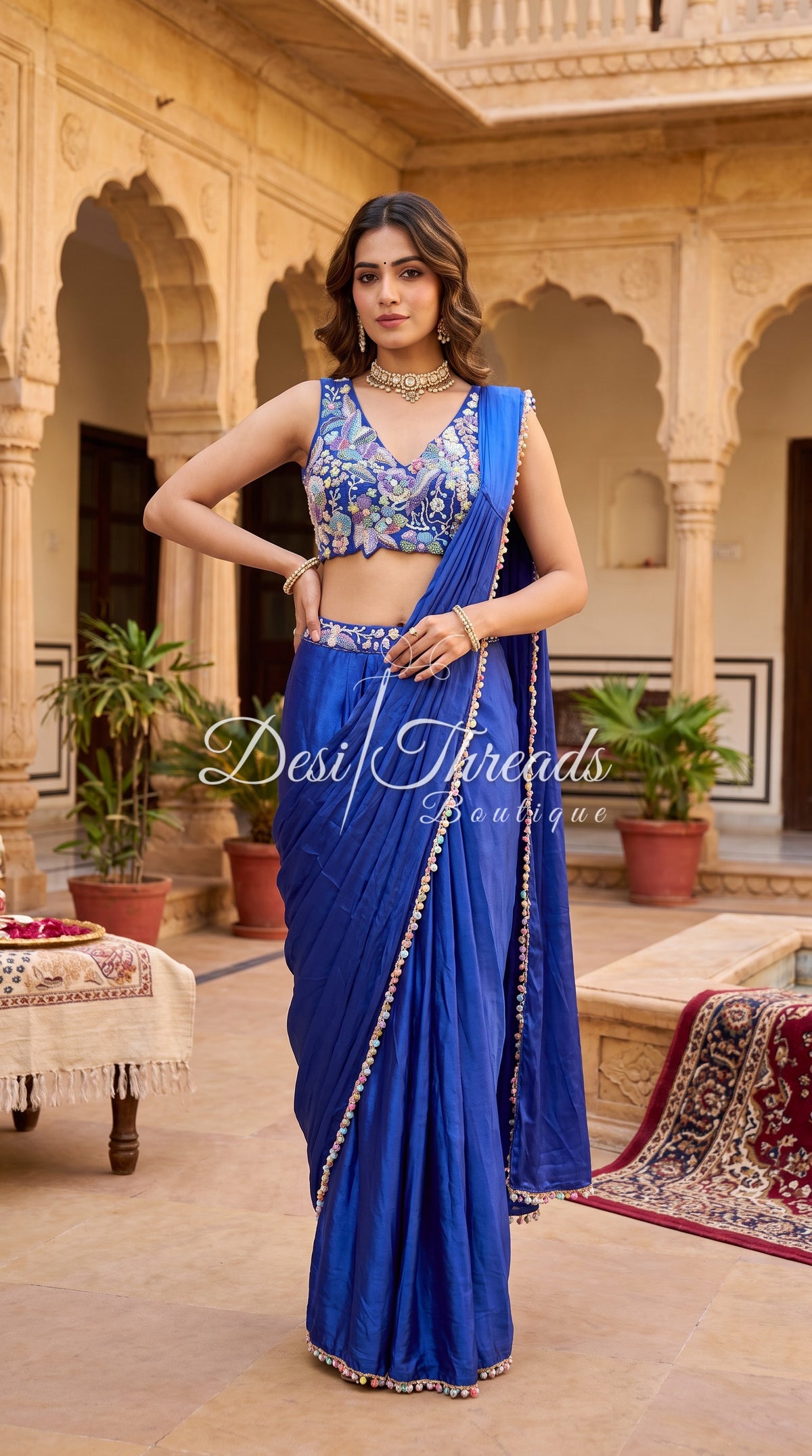 Royal Blue Pre-Draped Saree with Pastel Embellished Blouse