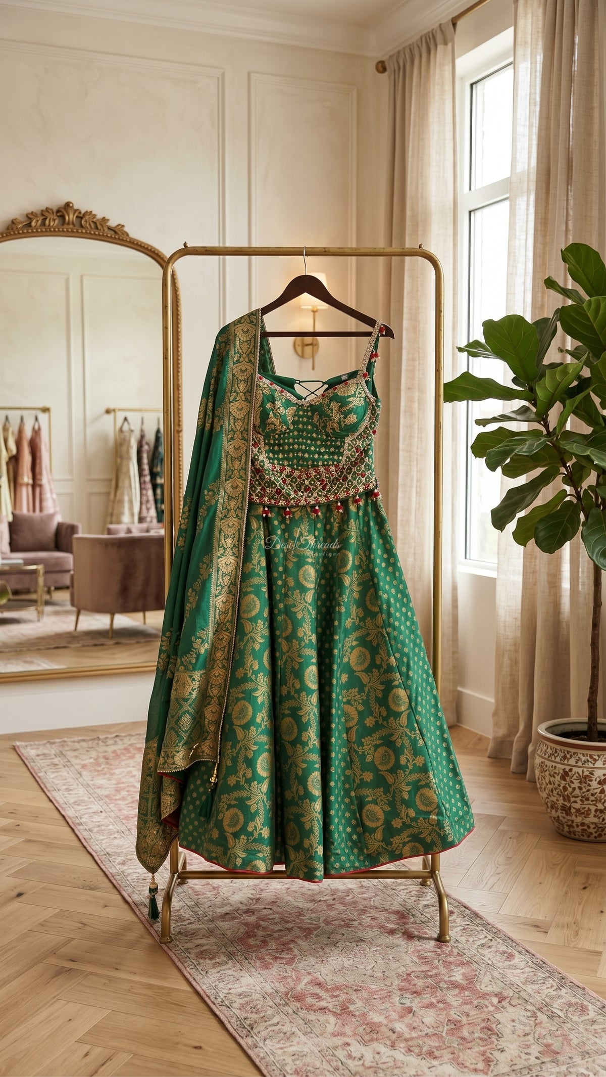 Emerald Green Banarasi Brocade Lehenga with Embellished Blouse