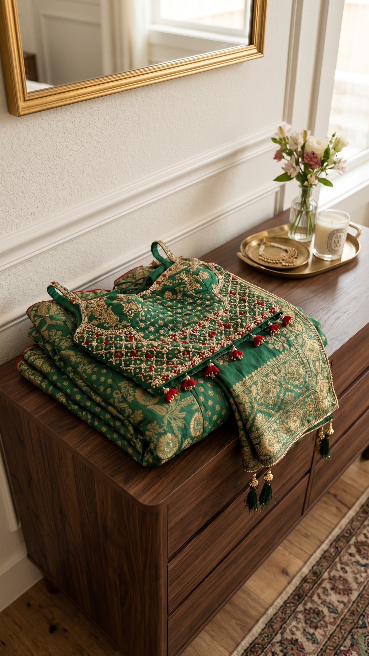 Emerald Green Banarasi Brocade Lehenga with Embellished Blouse