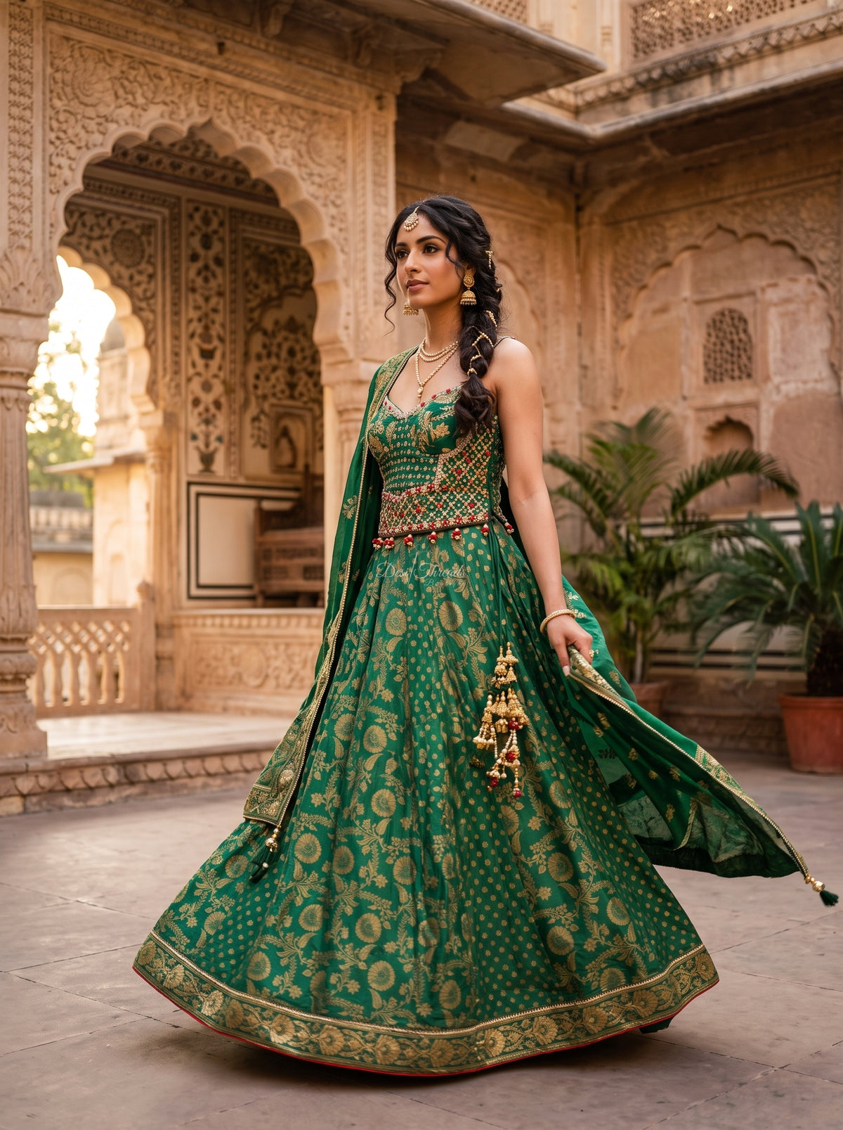 Emerald Green Banarasi Brocade Lehenga with Embellished Blouse