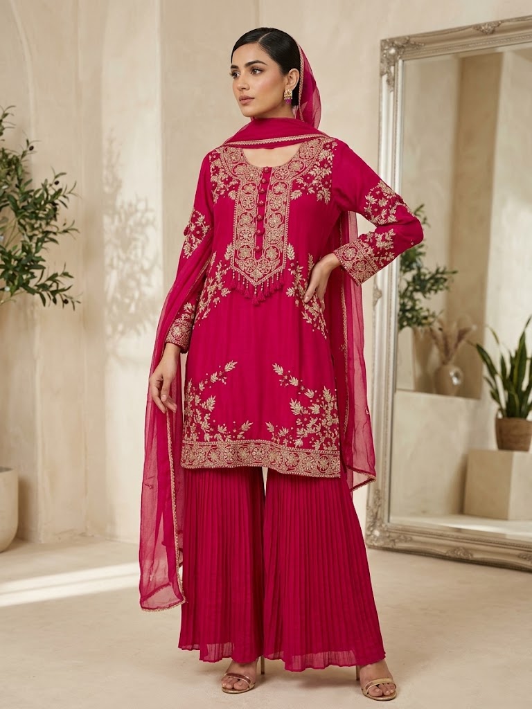 Rani Pink Embroidered Sharara Suit with 3D Floral Work