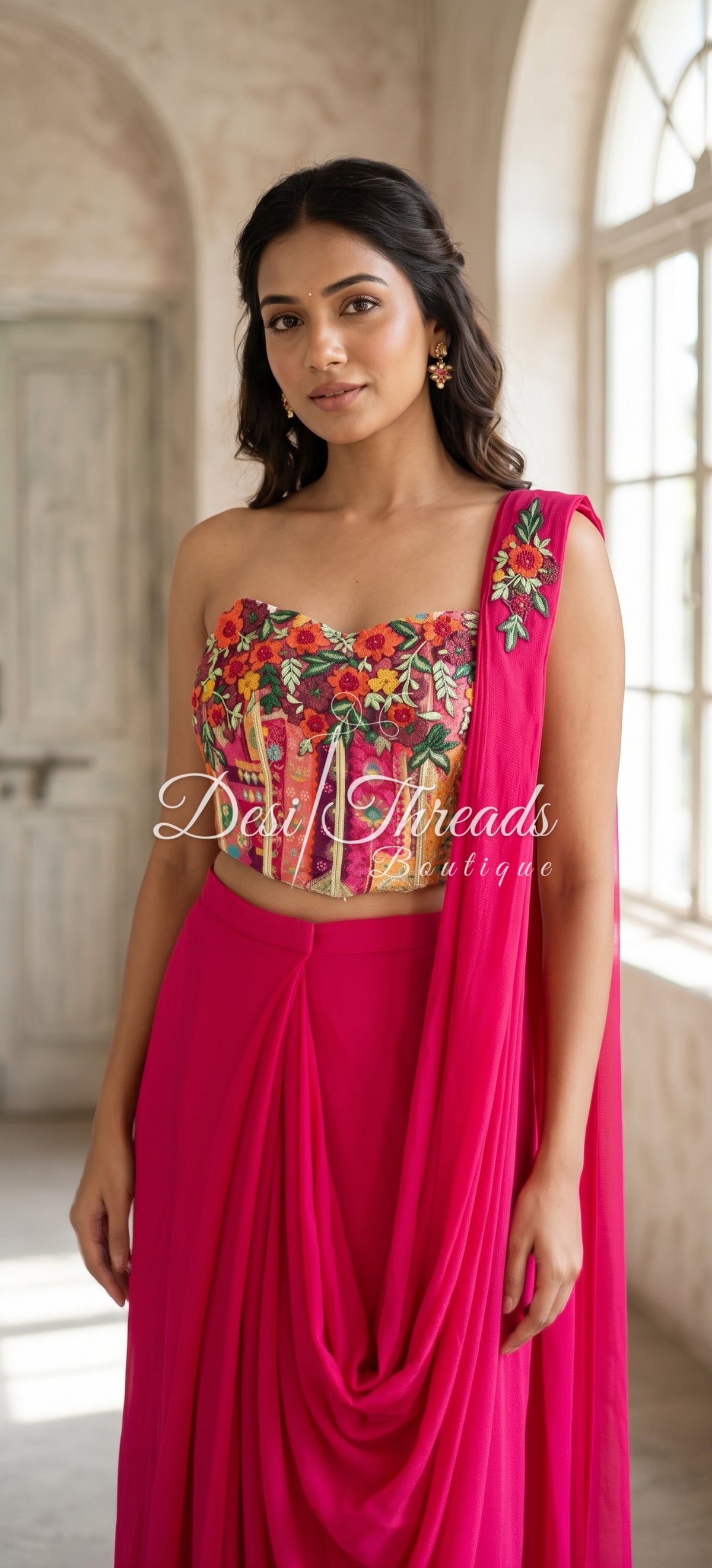 Rani Pink Pre-Draped Saree with Embroidered Patchwork Bustier