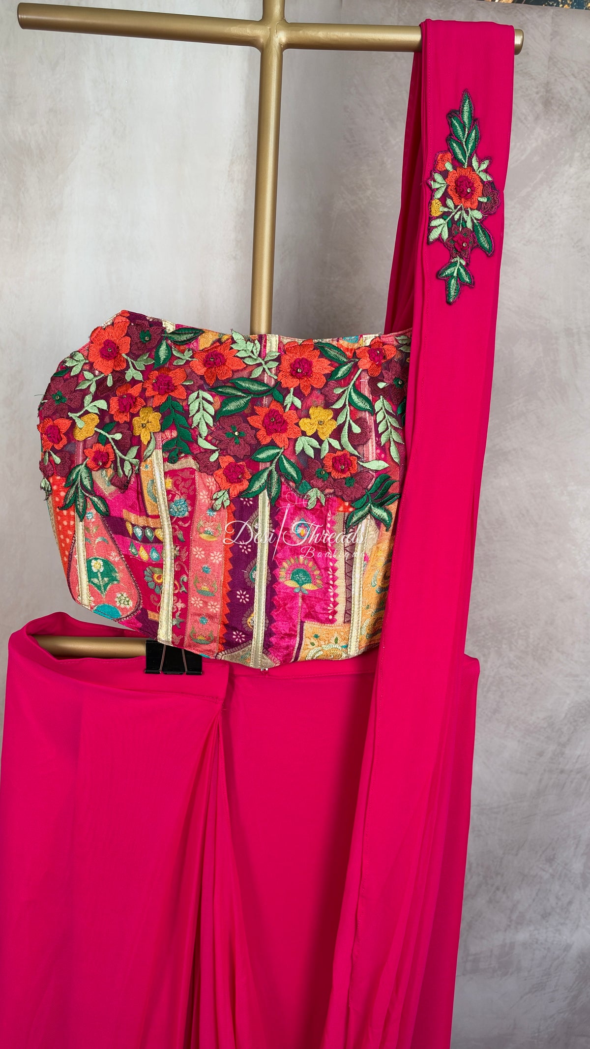 Rani Pink Pre-Draped Saree with Embroidered Patchwork Bustier