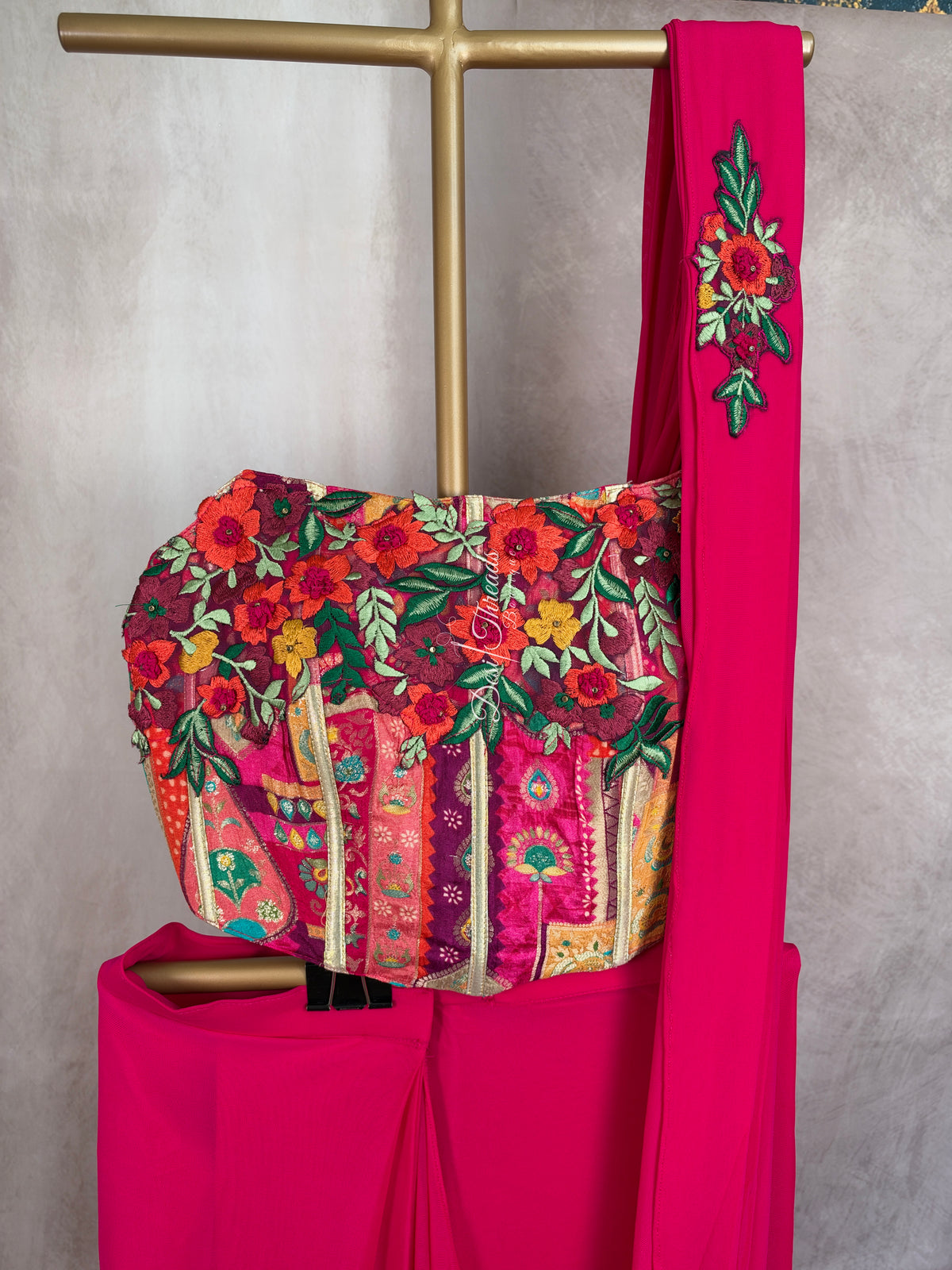 Rani Pink Pre-Draped Saree with Embroidered Patchwork Bustier