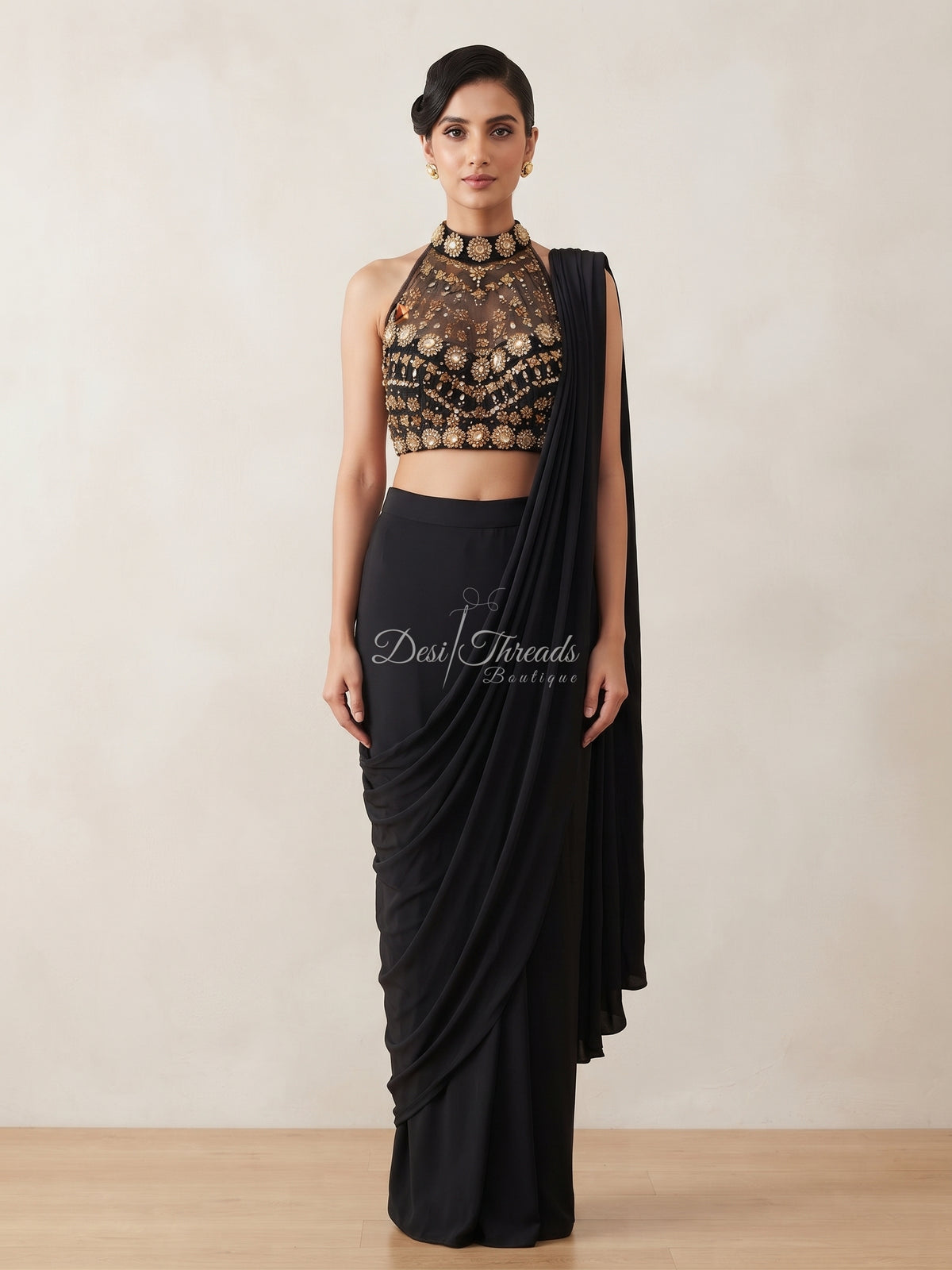 Black Pre-Draped Saree with Embellished Halter Neck Blouse