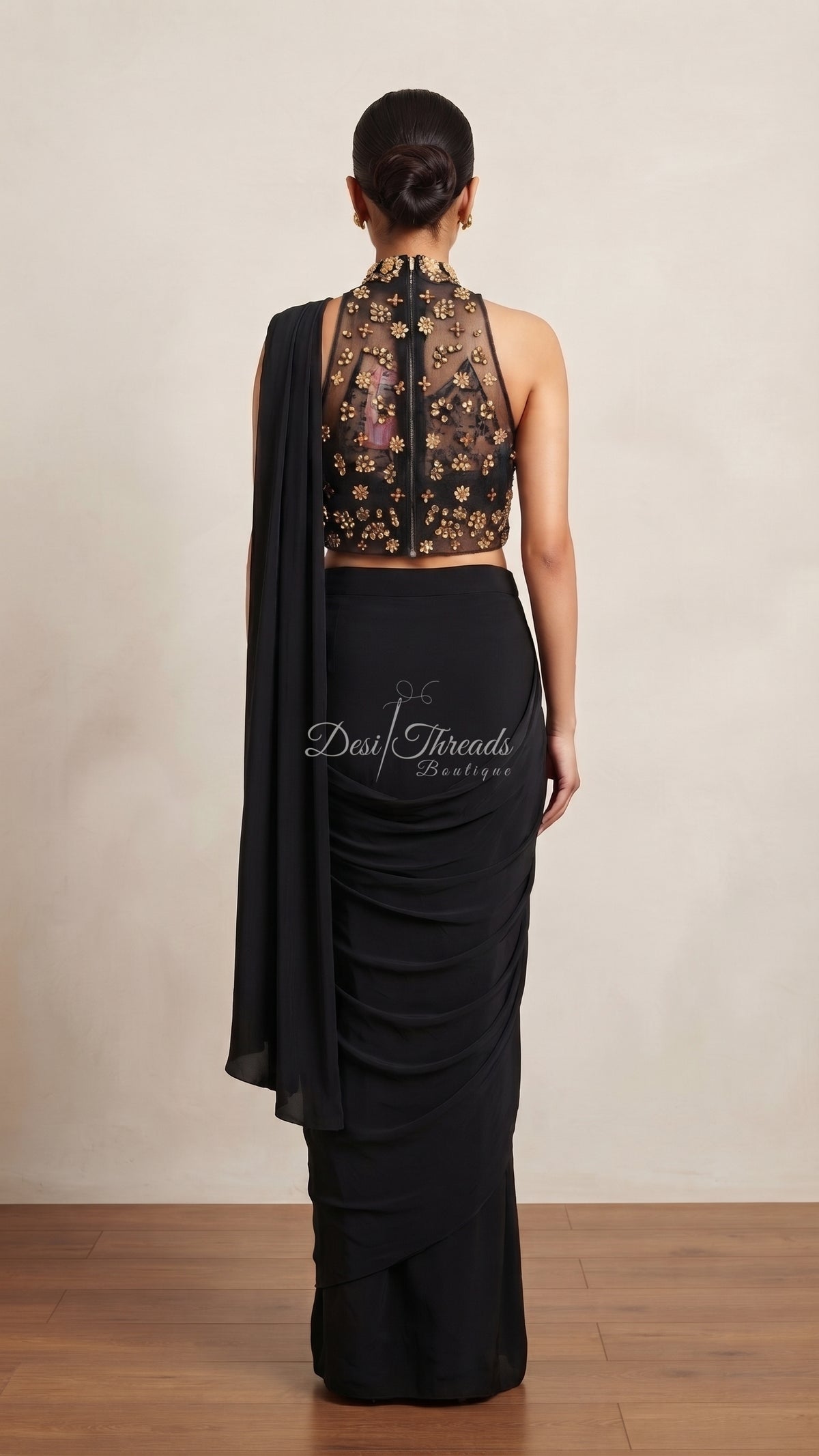 Black Pre-Draped Saree with Embellished Halter Neck Blouse