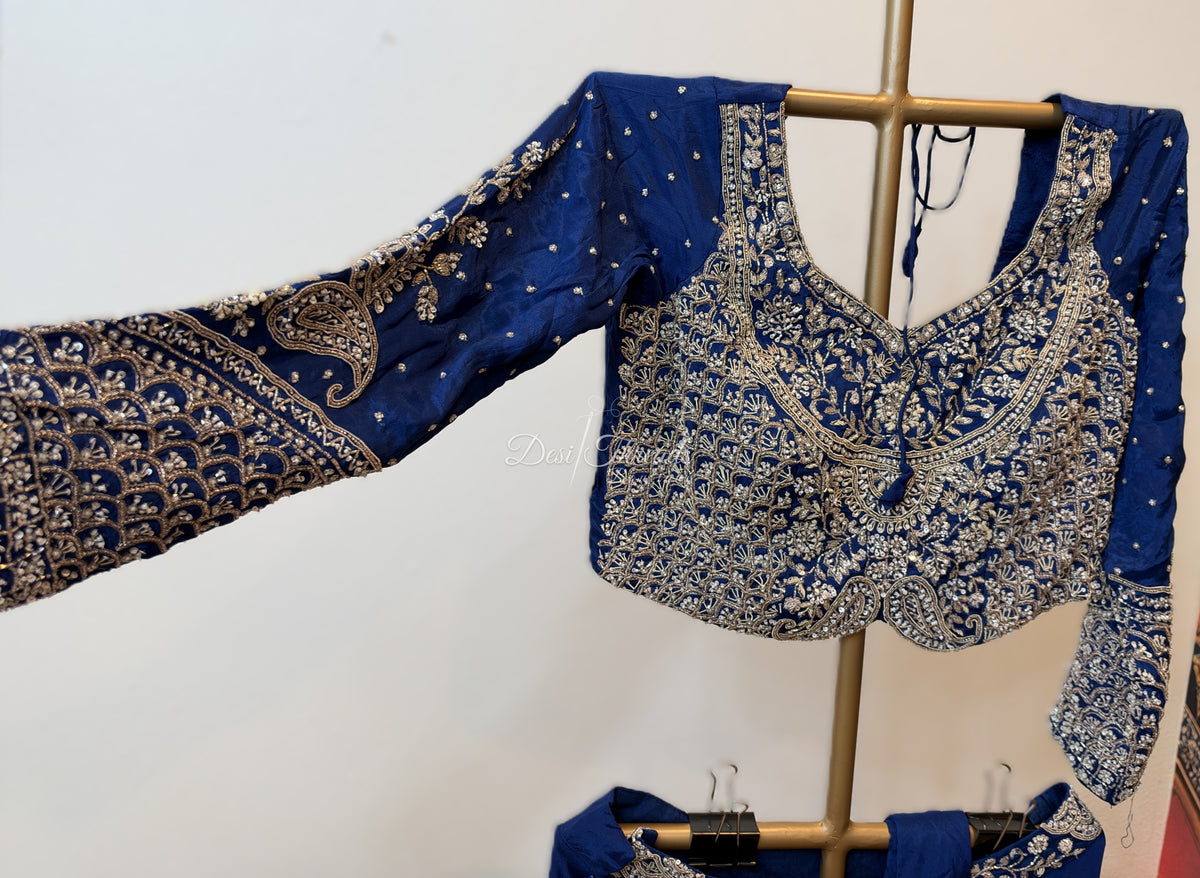 Sapphire Blue Pre-Draped Saree with Zardosi Embroidered Blouse
