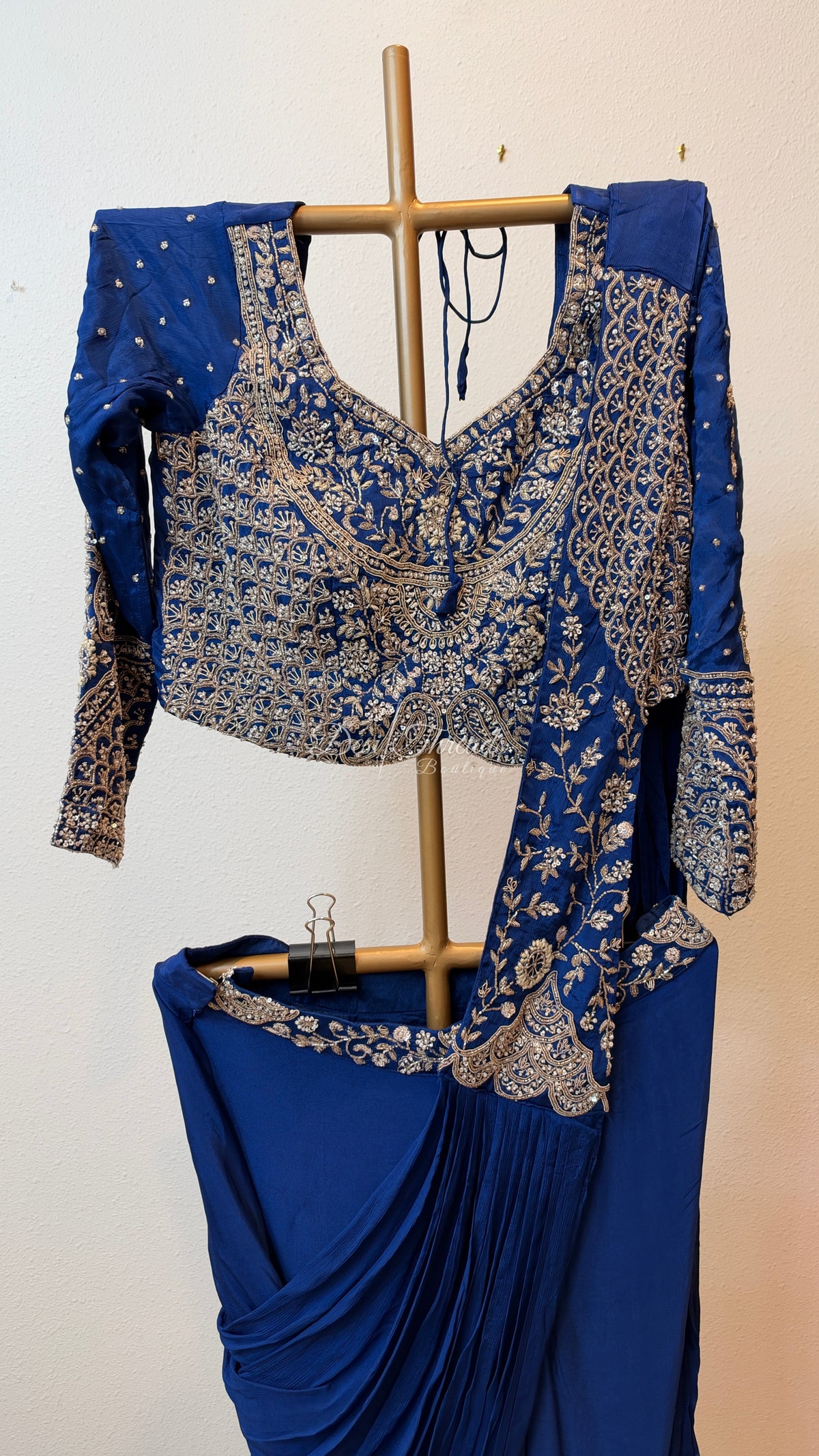 Sapphire Blue Pre-Draped Saree with Zardosi Embroidered Blouse