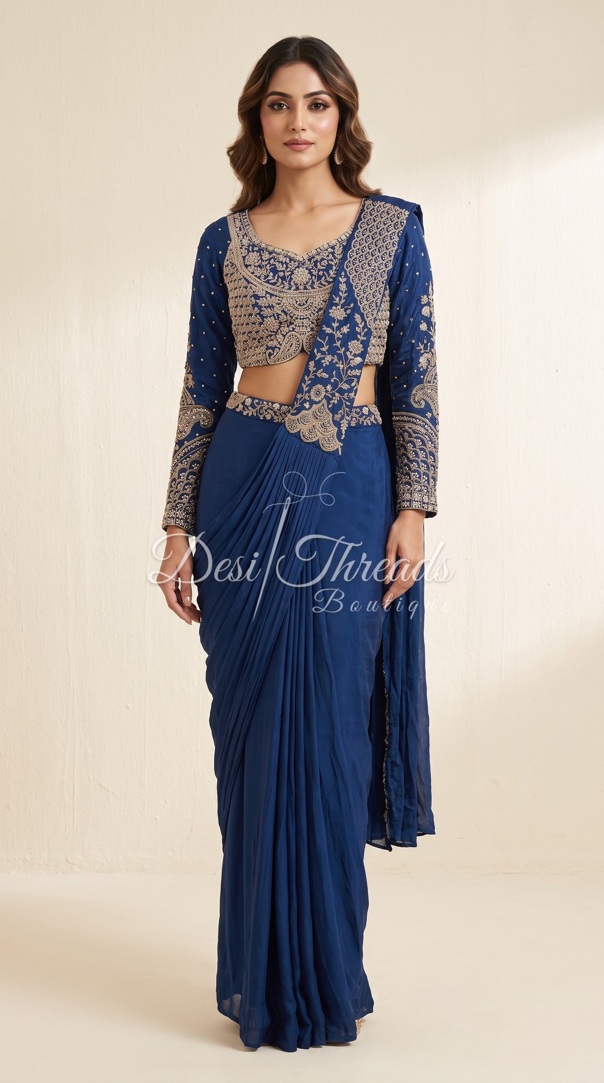 Sapphire Blue Pre-Draped Saree with Zardosi Embroidered Blouse