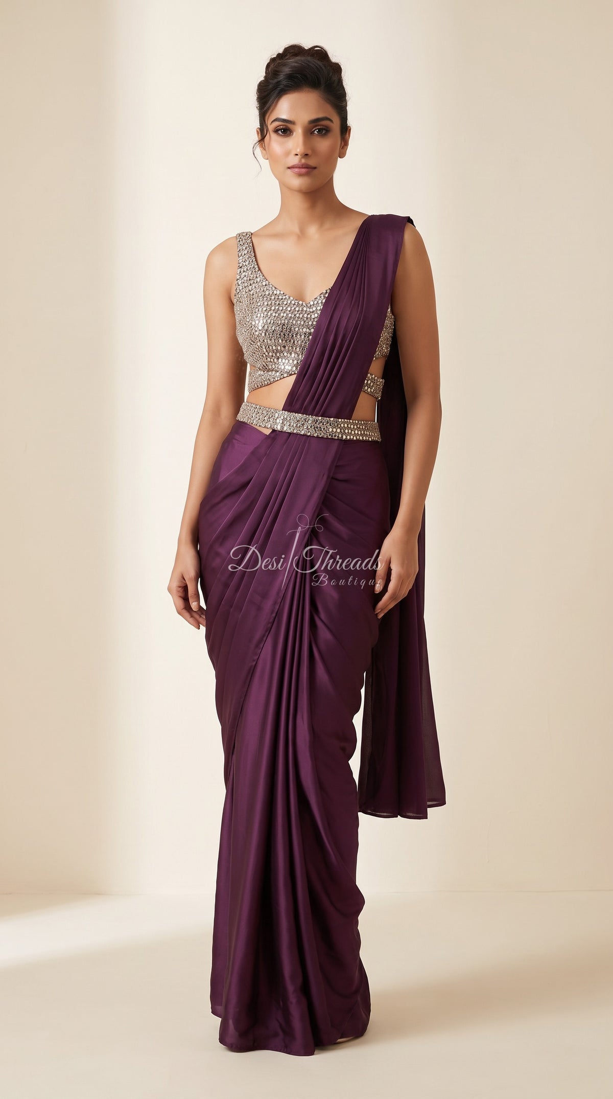Wine Pre-Draped Saree with Sequin Cut-Out Blouse and Belt