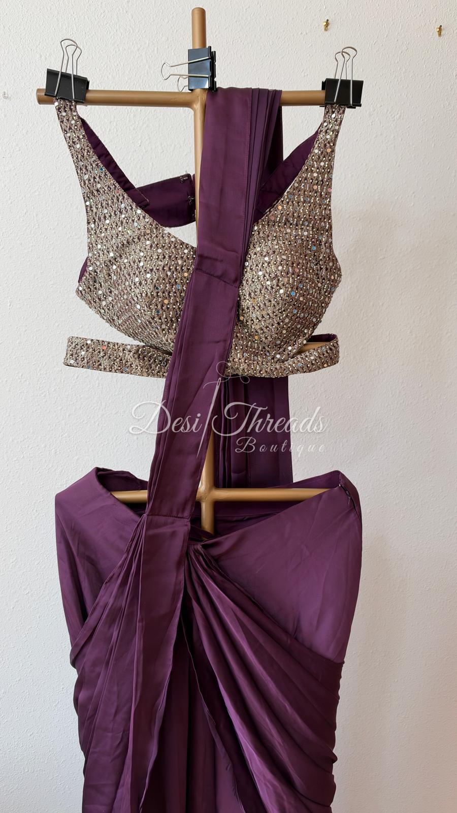 Wine Pre-Draped Saree with Sequin Cut-Out Blouse and Belt