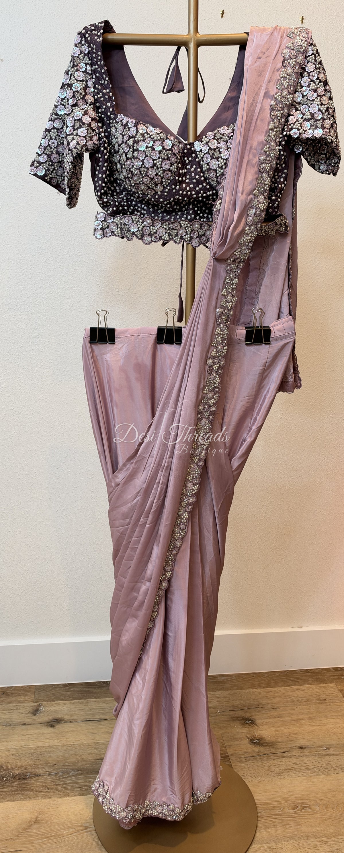 Mauve Pre-Draped Saree with Pearl and Sequin Embellished Blouse