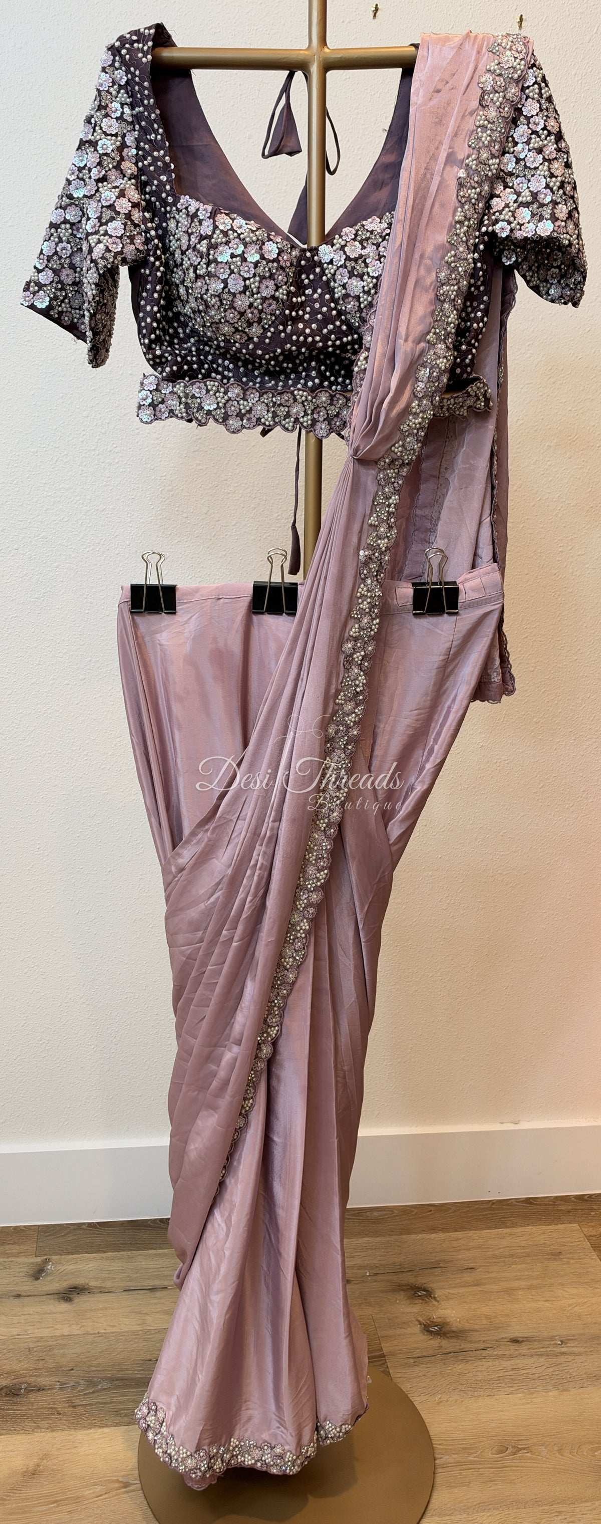 Mauve Pre-Draped Saree with Pearl and Sequin Embellished Blouse