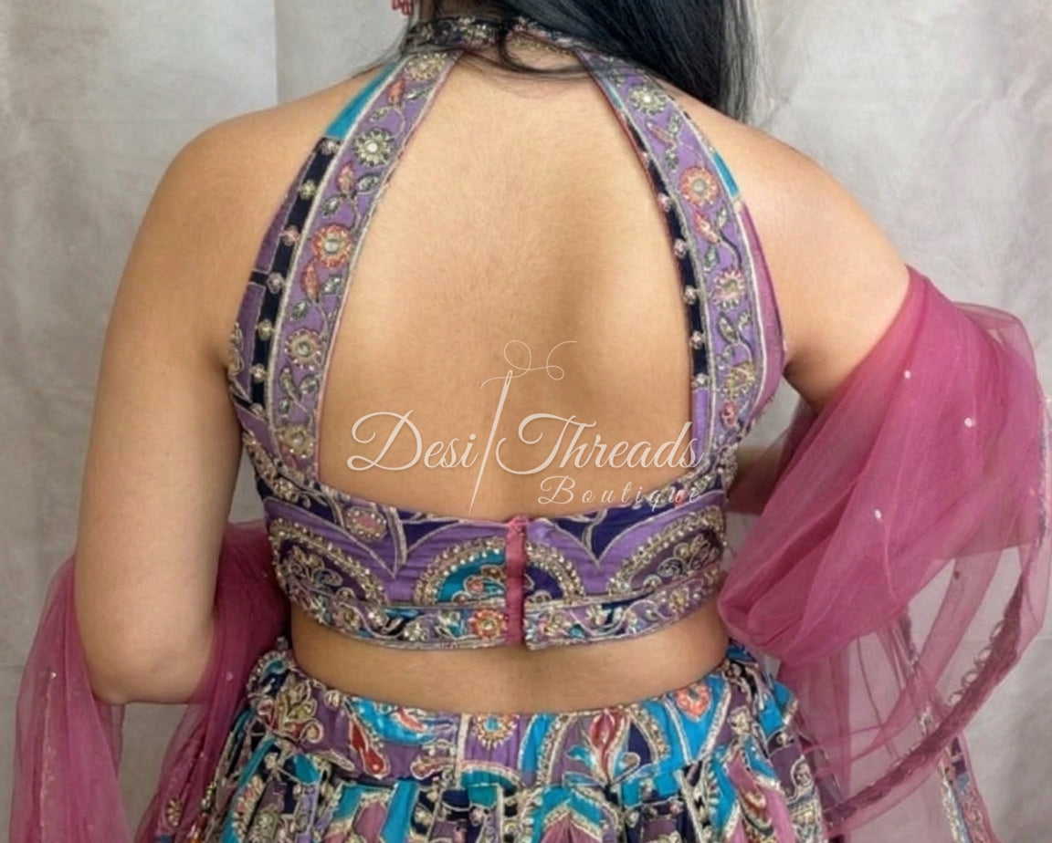 Rose Pink and Turquoise Embroidered Lehenga with Net Dupatta