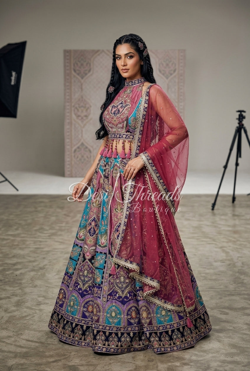 Rose Pink and Turquoise Embroidered Lehenga with Net Dupatta